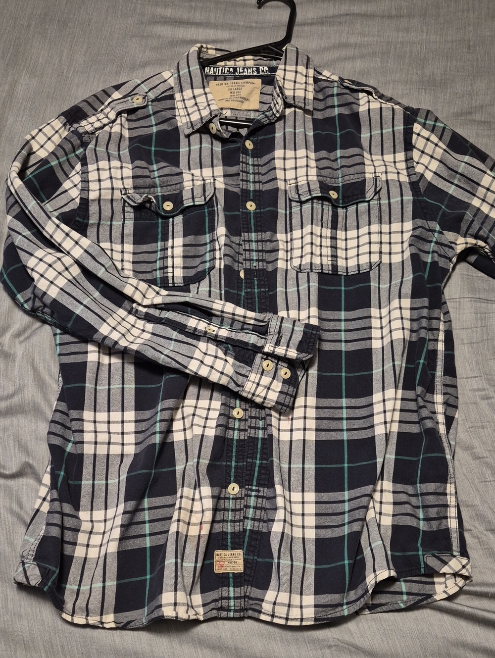 Nautica Navy, White & Teal Plaid Button-Down Shirt
